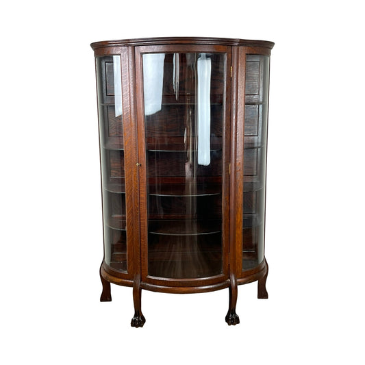 Antique Victorian Tiger Oak Paw Foot China Cabinet c. 1900