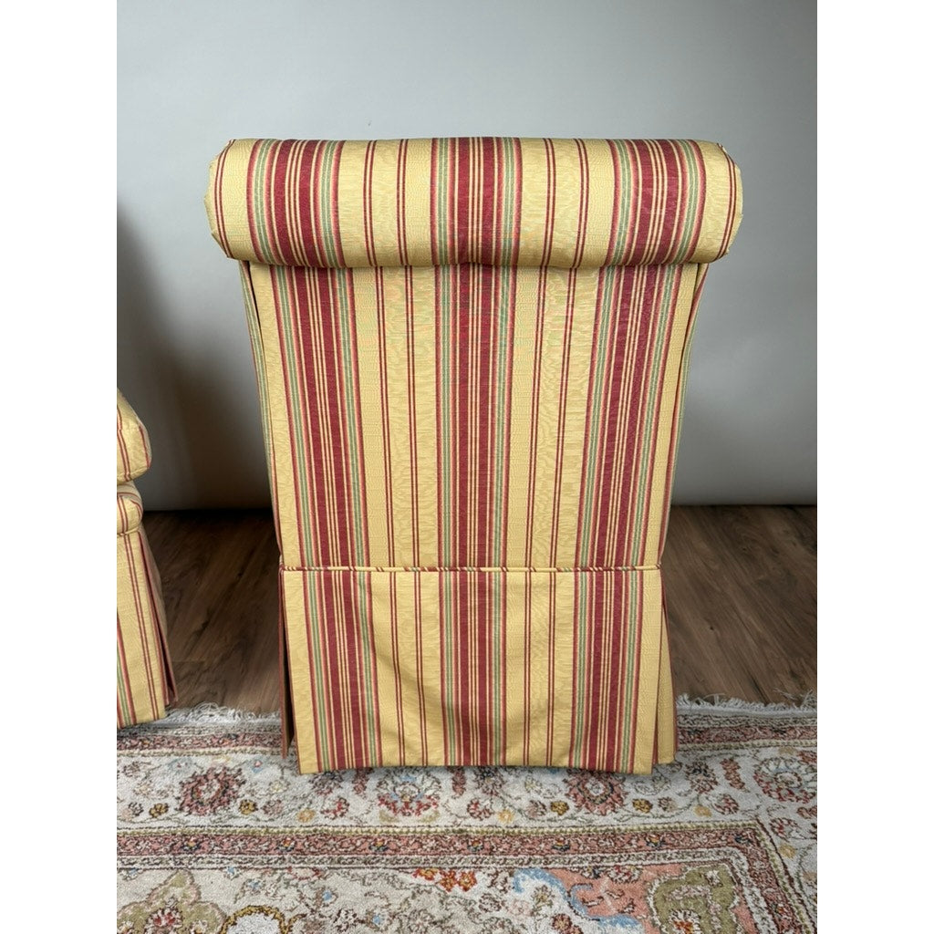 Pair of Upholstered Striped Slipper Chairs with Lumbar Pillows