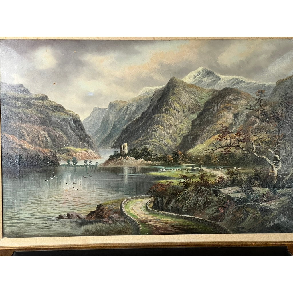 Painting Oil on Canvas Alfred Worthington (British 1835-1927) “Mountain Lake” Signed Lower Right