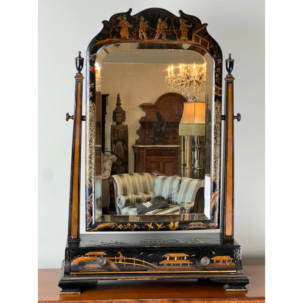 Fine Antique Chinoiserie Black Lacquer Dressing Mirror c. Late 19th Century