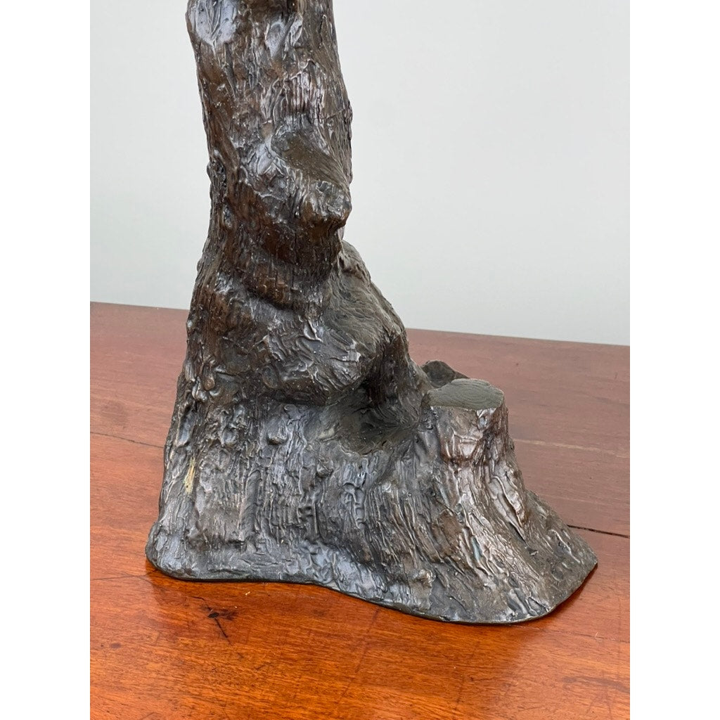 	Bronze hawk with patina, antique Japanese sculpture on tree branch