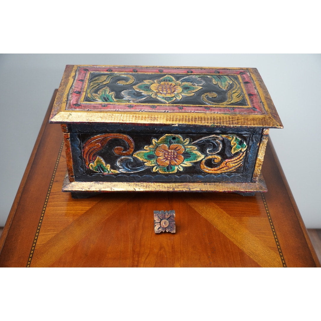 Vintage Indonesian Albacia Wood Carved Painted Box Made in Bali