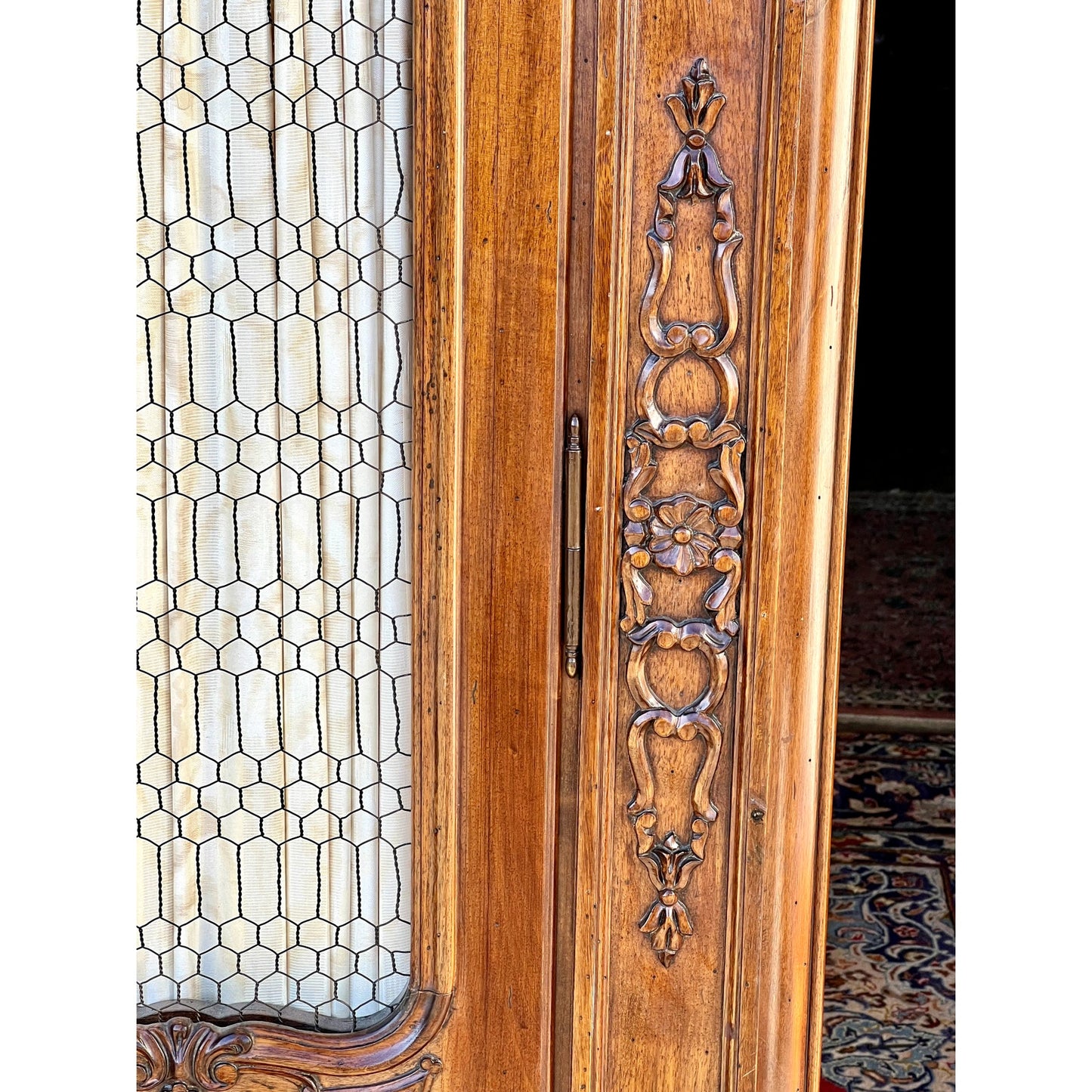 Vintage 20th Century Carved Walnut Louis XIV Style Armoire with Custom Upholstered Interior