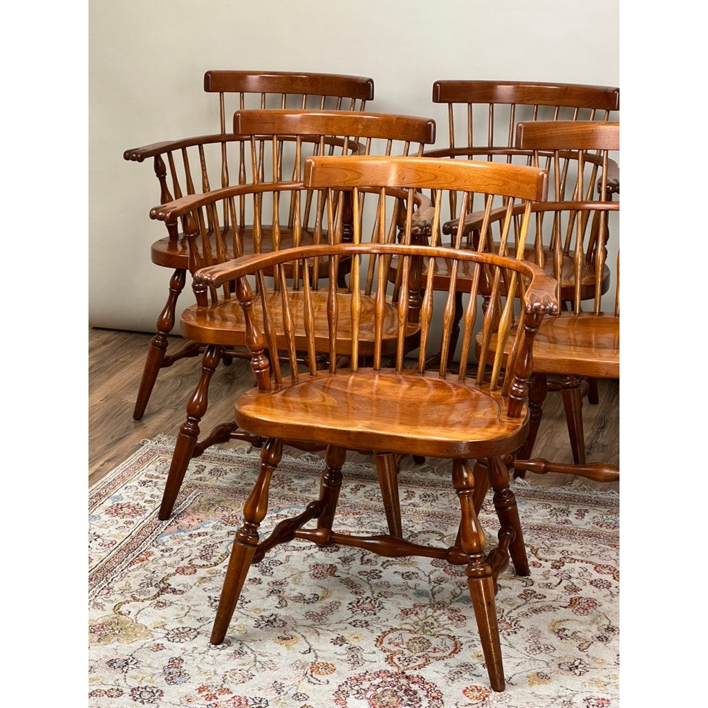 Vintage Set of Six Cherry Fan Back Windsor Arm Chairs by L & J.G. Stickley