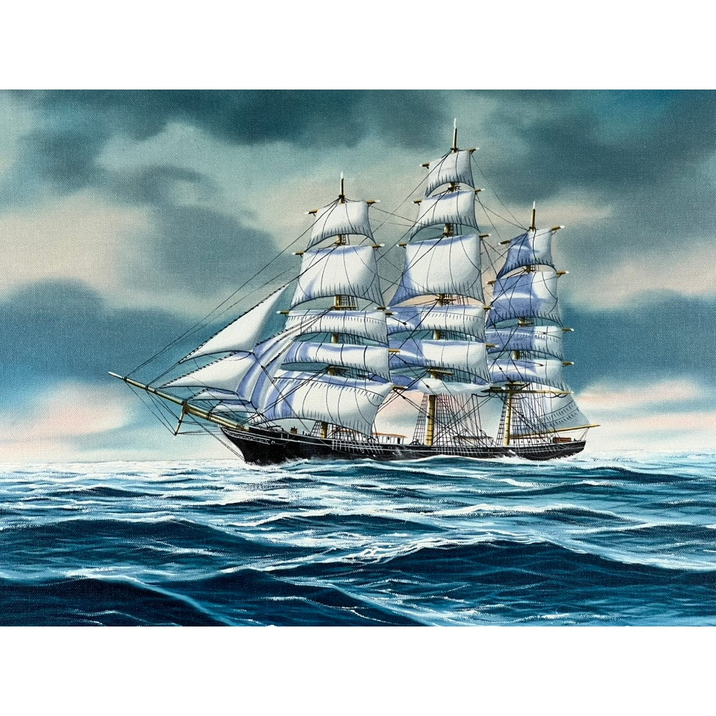 “Tall Ship Under Sail” Oil on Canvas by John Richard Perry ME 1984 depicts a majestic three-masted ship navigating choppy blue waves beneath a dramatic sky, evoking the classic age of sail.