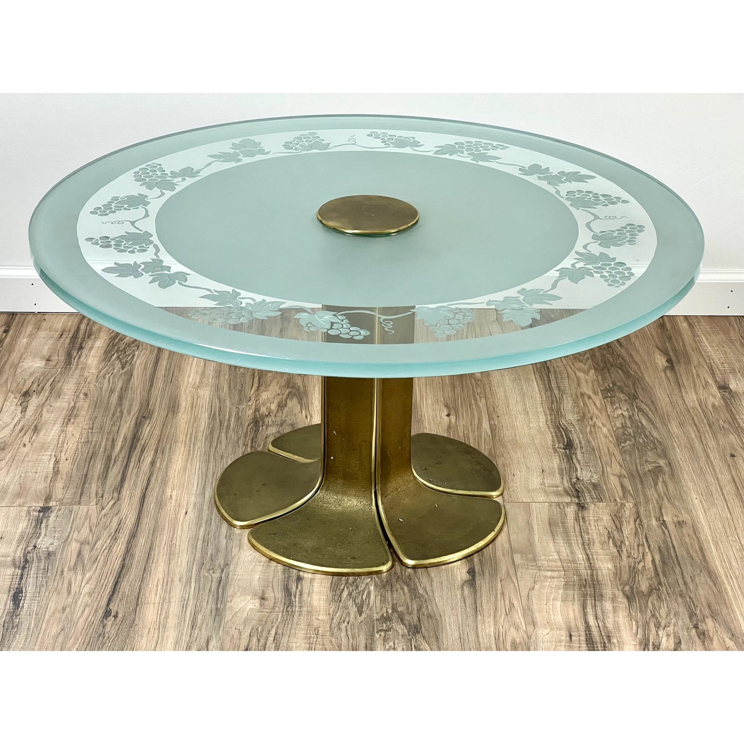 Vintage Etched Glass and Brass Coffee Table with Stylized Flower Petal Base