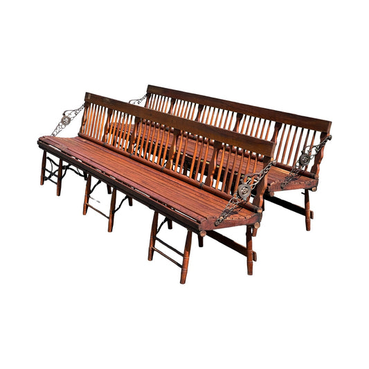 Pair Antique Chestnut Folding Railroad Benches c. Late 19th Century