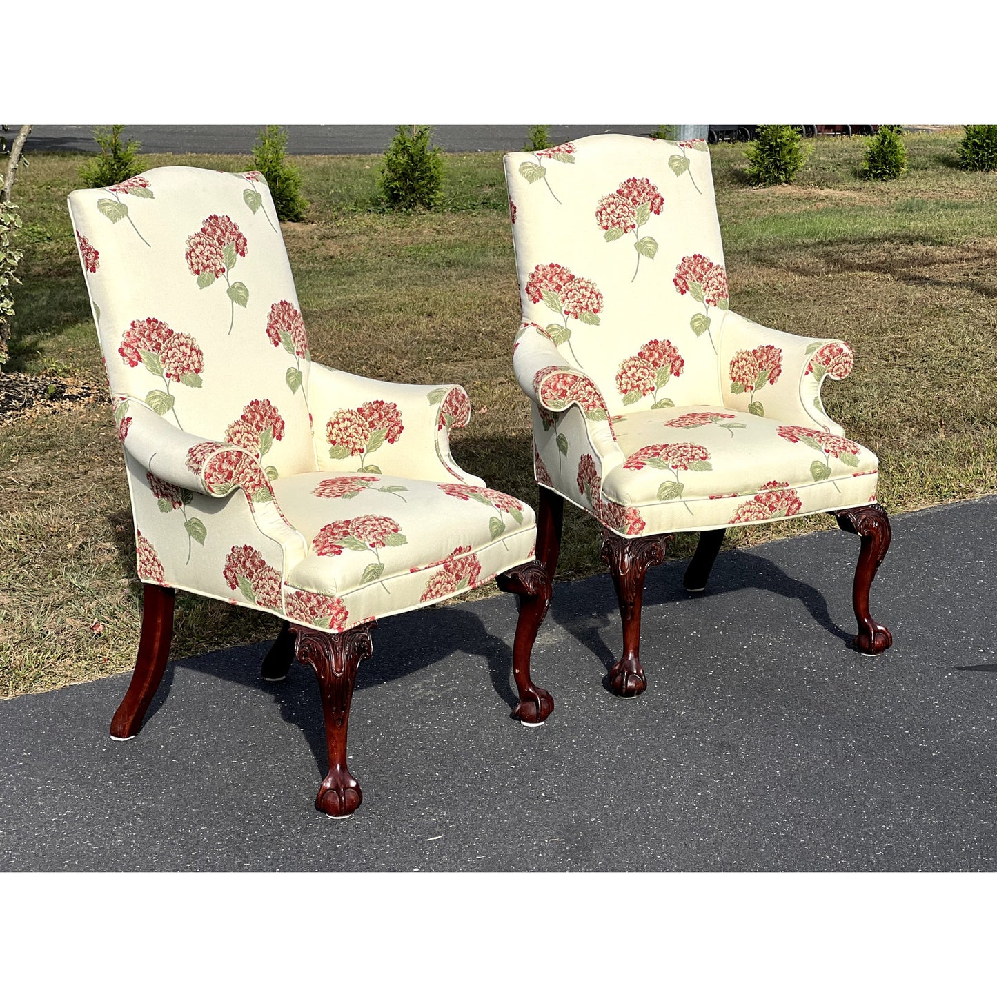 Vintage Pair of Hydrangea Chippendale Style Parlor Chairs