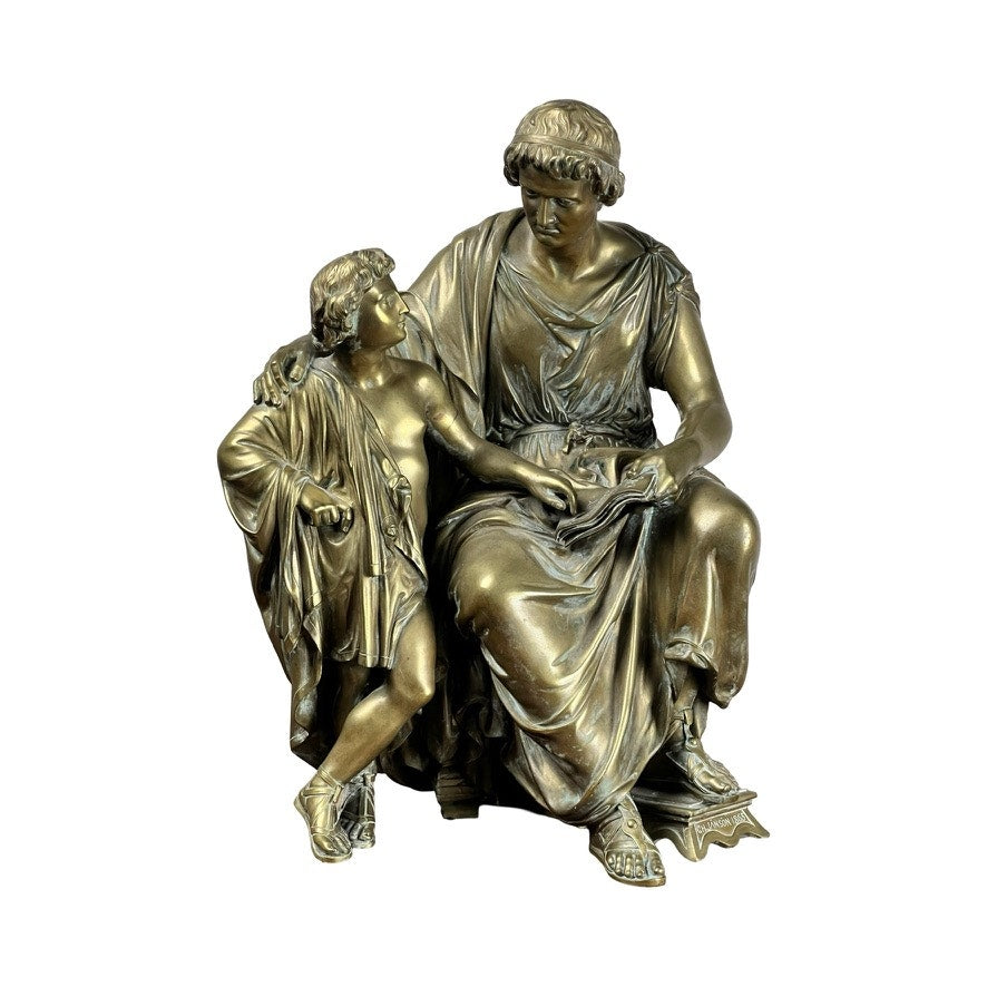 Antique Bronze Sculpture “Teacher and Pupil” by Louis Charles Janson, signed Ch. Janson, 1865—depicts a seated woman in classical dress holding a boy’s hand as they share a calm, affectionate gaze. Brand: None or Unknown.