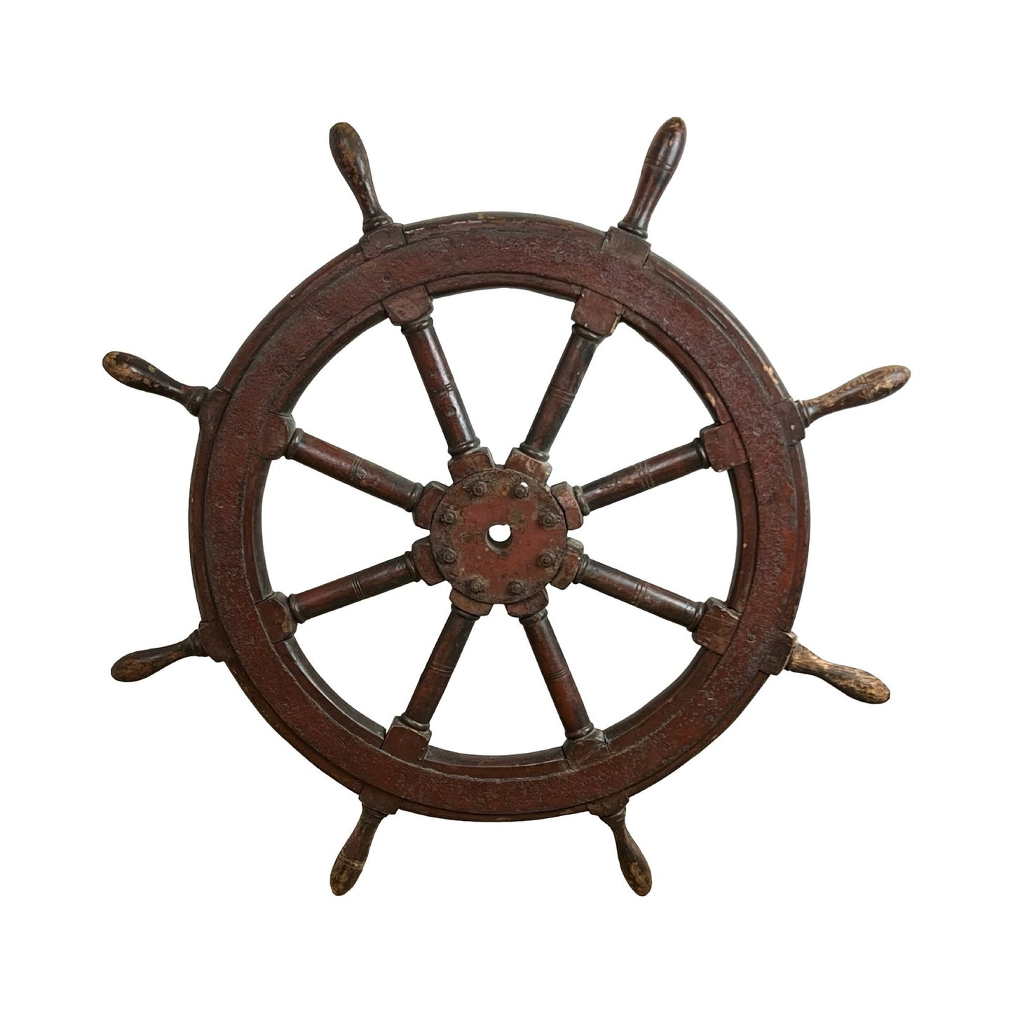 The "Antique Eight Spoke Mahogany and Iron Ships Wheel Stamped '1864 US'" features a dark brown finish, authentic age marks, and vintage nautical style, photographed on a plain white background. Brand is unknown.