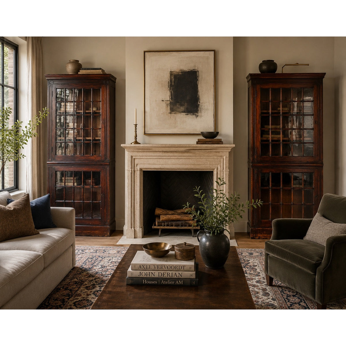 An elegant living room features a pair of Pearl City Antiques Mid-19th Century New England Cherry Glazed Display Cupboards (c. 1840–1860) flanking the fireplace. Abstract art is displayed above the mantel, while books and a vase sit atop the coffee table. Neutral-toned sofas and armchairs are thoughtfully arranged on a patterned rug.