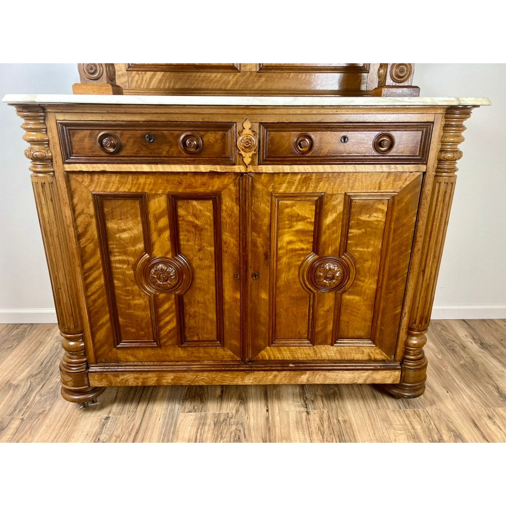 Antique French Napoleon III Curly Walnut Vassallier Buffet c. Mid 1800s