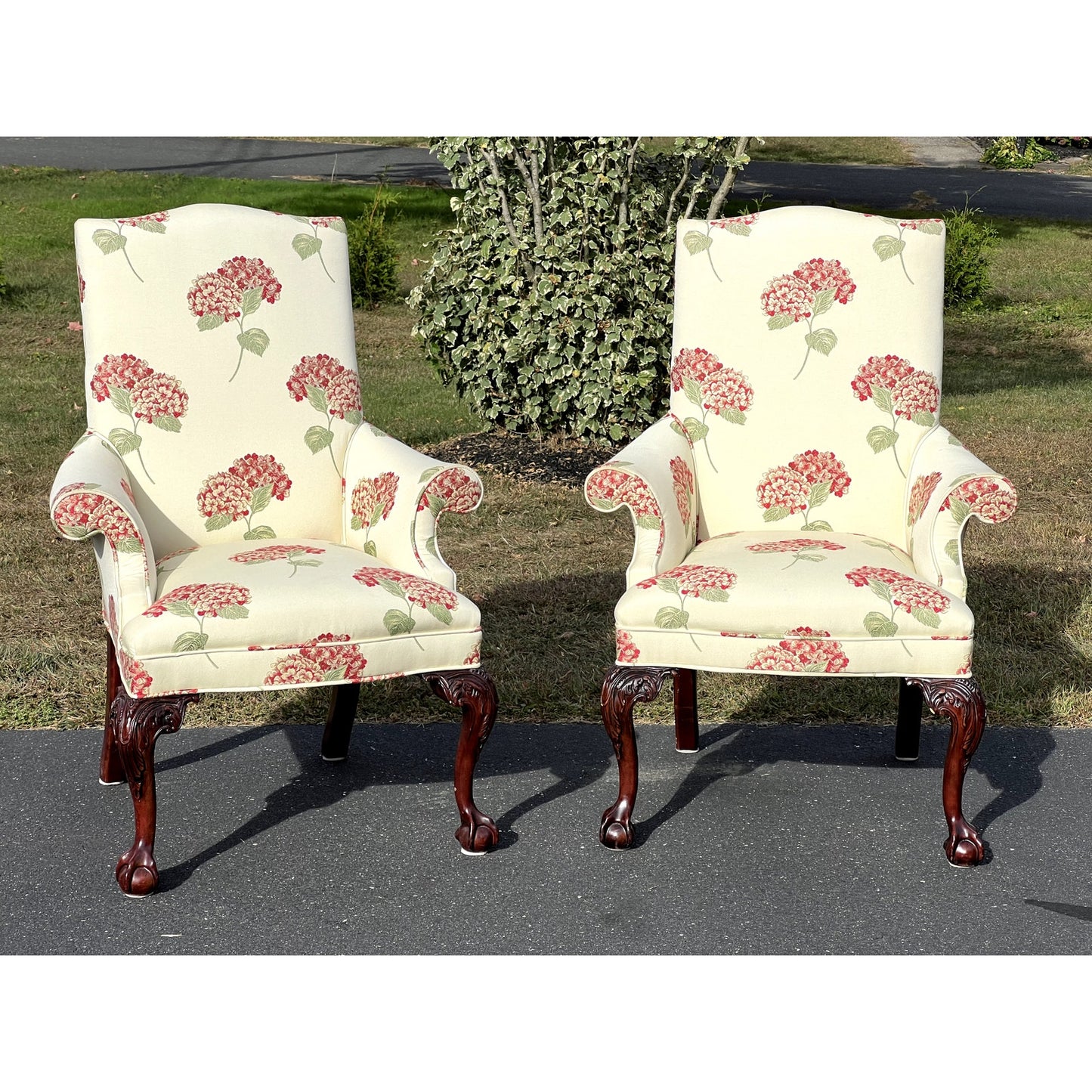 Vintage Pair of Hydrangea Chippendale Style Parlor Chairs