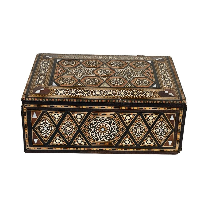 Antique Persian (likely Syrian) late 19th-century khatam inlaid wood jewelry box with secret drawer, featuring intricate geometric mosaic designs—hexagons, stars, and diamonds—in brown, black, white & beige tones on lid and sides.