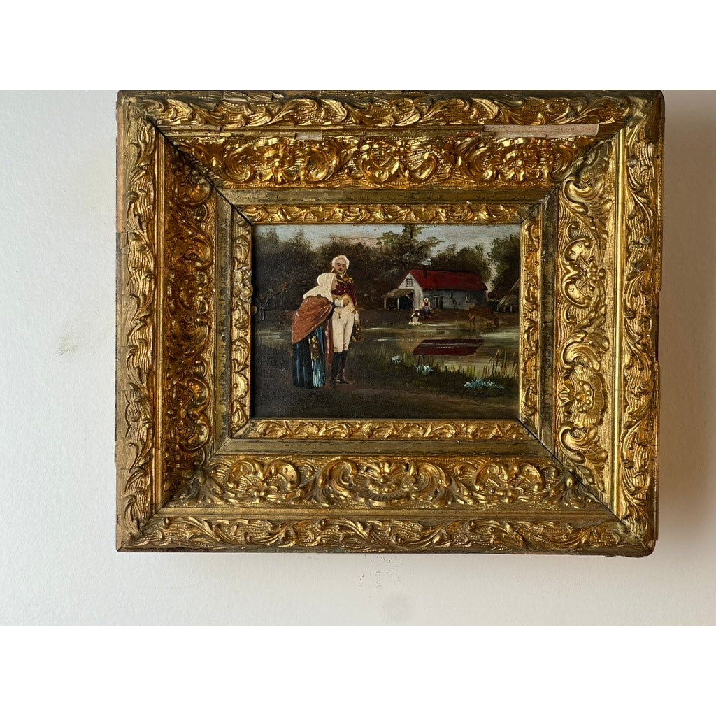 This antique 19th-century oil on canvas shows a military officer escorting an old woman; it's a small-format painting in an ornate gilt frame with intricate floral and scrollwork details. Brand: None/Unknown.