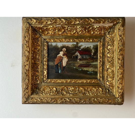 An ornate gilt frame displays the “Antique Oil on Canvas Small Format Painting of Military Officer Escorting an Old Woman c. 19th Century” by Pearl City Antiques; this 19th-century artwork hangs on a white wall.