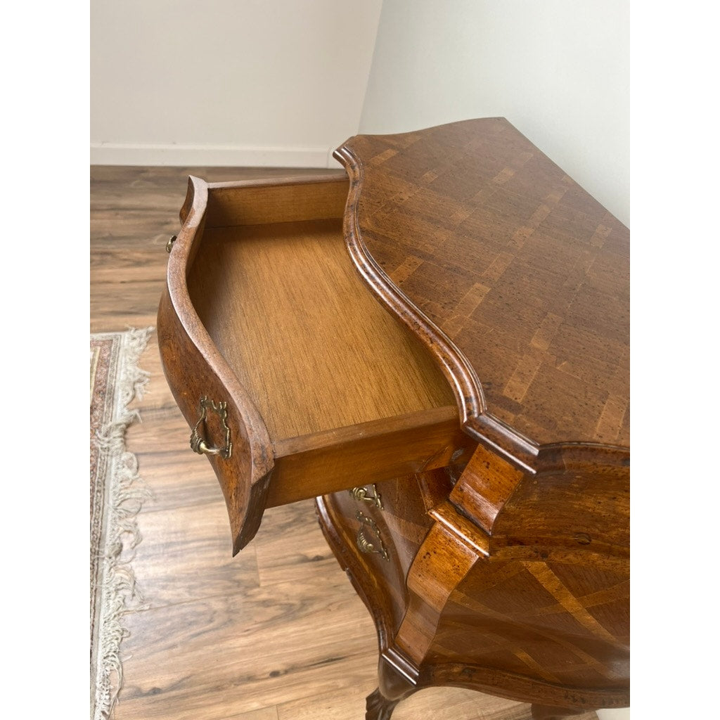 Vintage French Louis XVI Style Walnut Parquet Bombe Chest