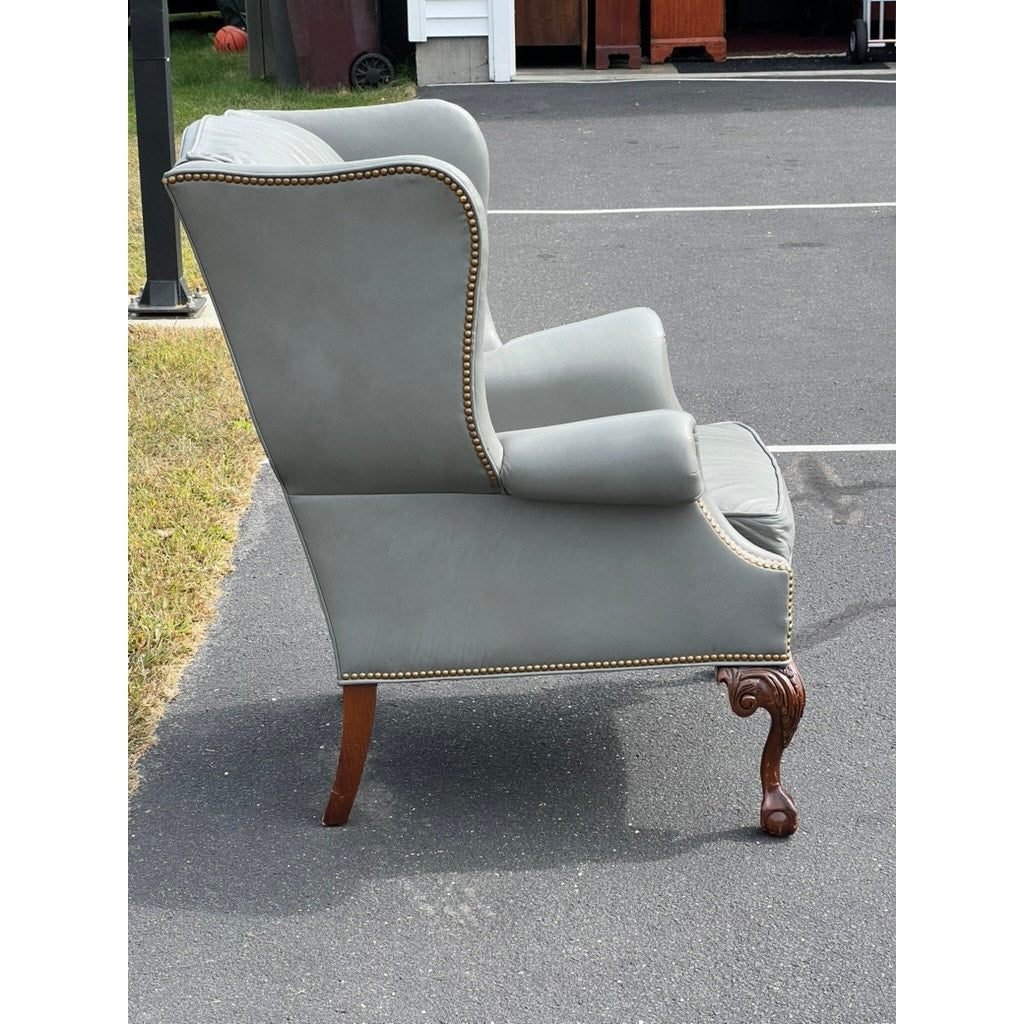 Vintage Grey Leather Chippendale Style Wingback Chair by Fairington