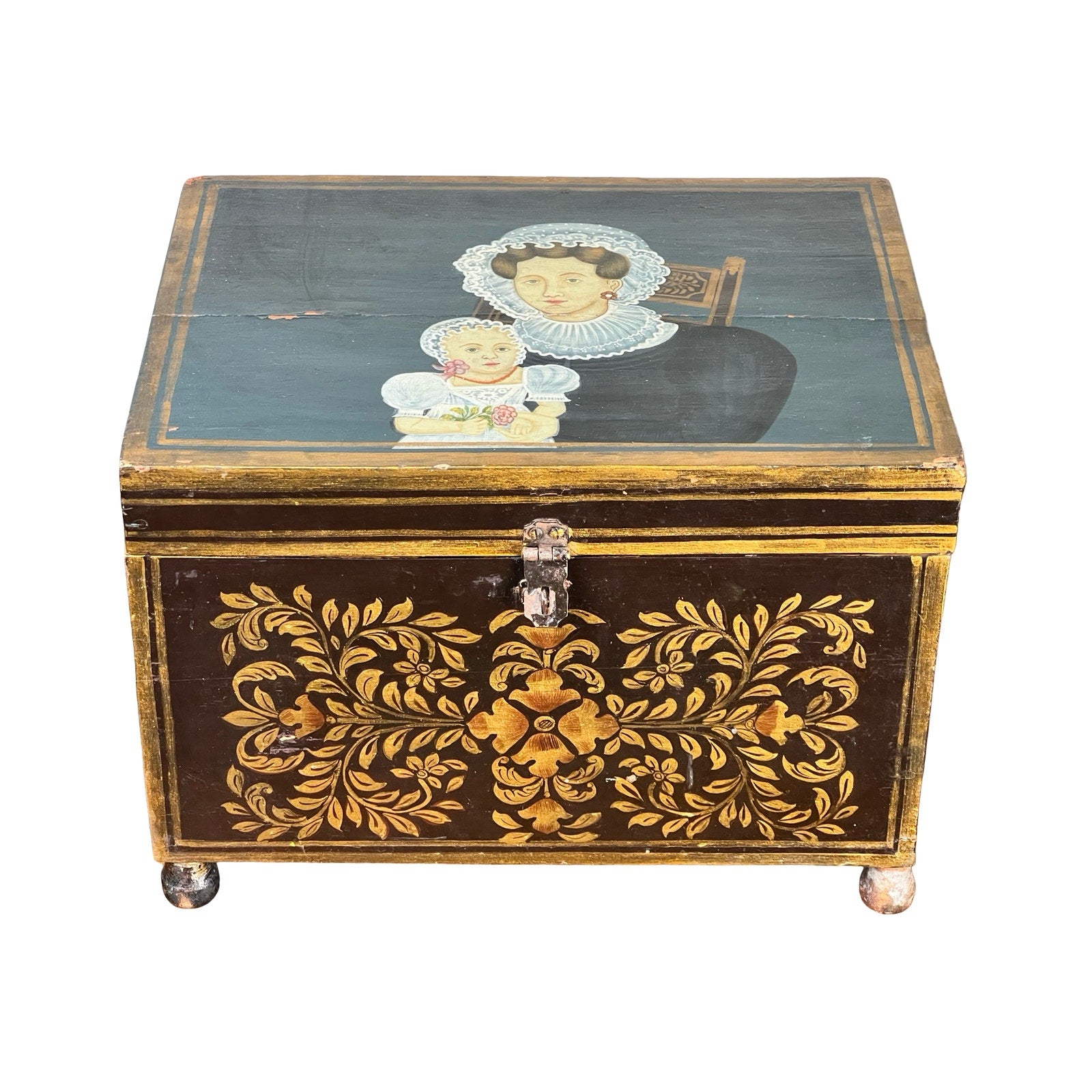 Antique New England Folk Art Painted Portrait Document Box, c. 1840–1860, features hand-painted florals on the front, a lid with a mother & child portrait, small latch, and four round feet; maker unknown.
