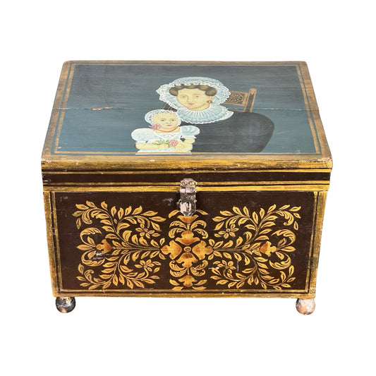 Antique New England Folk Art Painted Portrait Document Box, c. 1840–1860, features hand-painted florals on the front, a lid with a mother & child portrait, small latch, and four round feet; maker unknown.
