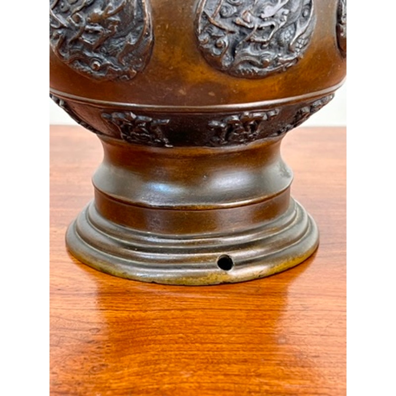 Antique Chinese Patinated Bronze Vase with Dragon Handles and Medallions