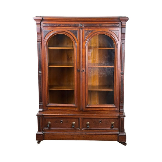 Antique Victorian Walnut and Burl Glass Door Bookcase c. 1900