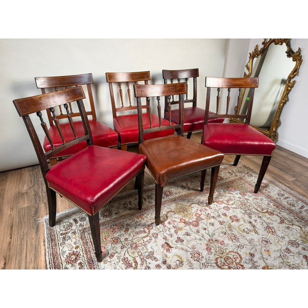 An Assembled Set of Six English George III Mahogany Neoclassical Dining Chairs from Pearl City Antiques—four 18th-century—are arranged on a patterned rug near a wall and an ornate gold-framed mirror; five feature red leather seats, while one has a brown leather seat.