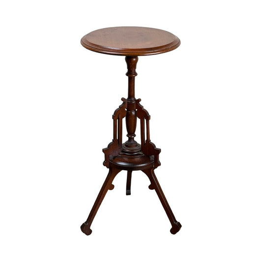 Antique Victorian Walnut Candle Stand, late 19th century, with a small round top, slender central column, and three curved legs featuring ornate details; shown against a plain white background.