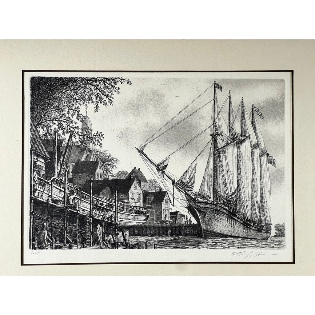 Framed Etching “The Schooner” by Alan Jay Gaines shows a large sailing ship at harbor near wooden piers, old buildings, trees, and a church dome—a timeless piece of maritime art. Brand: None/Unknown.