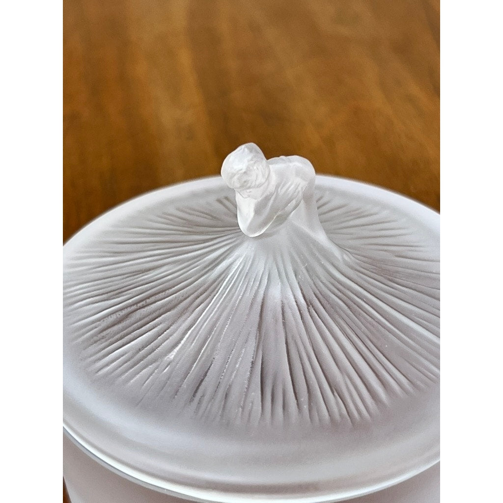 The Vintage Lalique France Ballerina Frosted Crystal Covered Powder Box by Lalique features a radiating textured frosted glass lid with a sculpted ballerina handle, evoking vintage elegance against a wooden background.