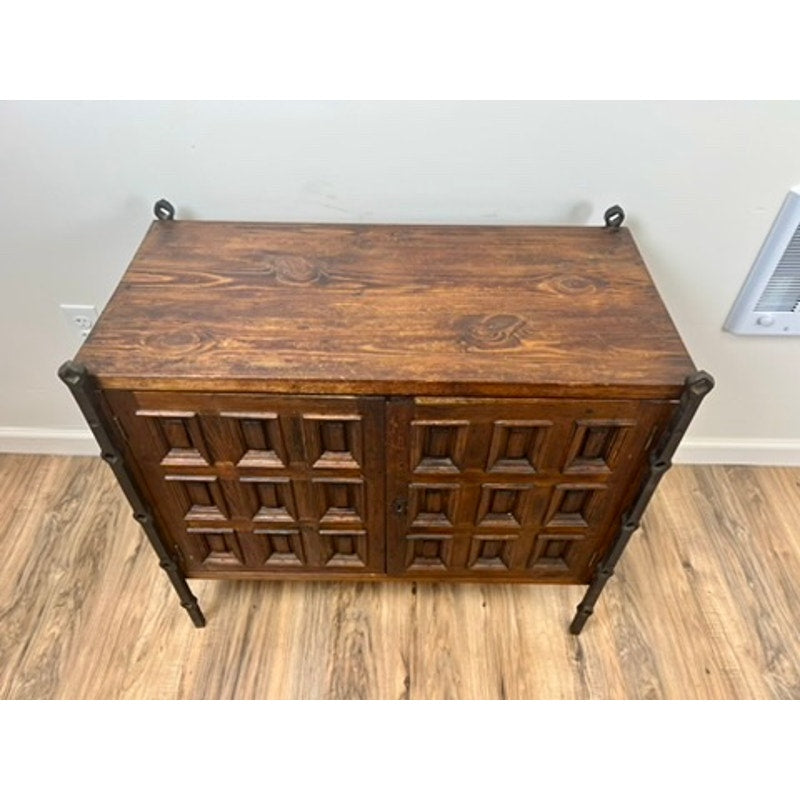 Vintage Spanish Brutalist Cabinet in Stained Pine and Iron