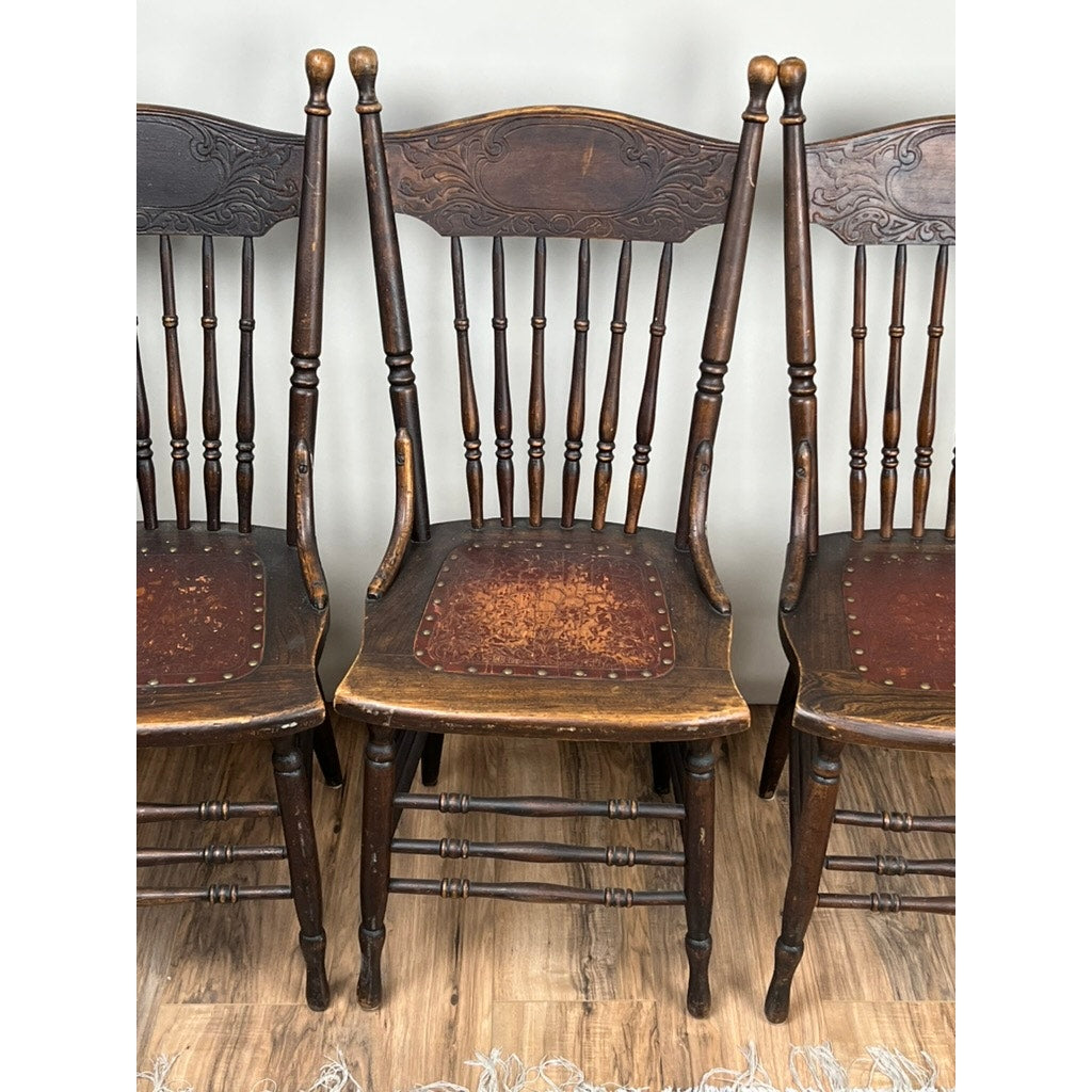 Antique Set of Four Press Back Chestnut Dining Chairs c. 1900