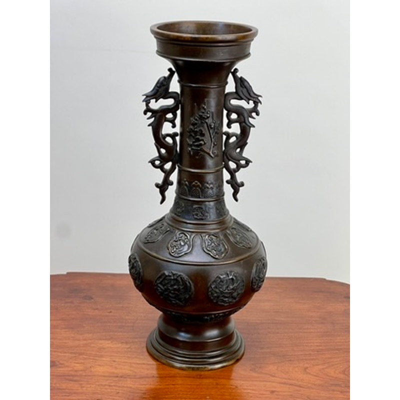 Antique Chinese Patinated Bronze Vase with Dragon Handles and Medallions