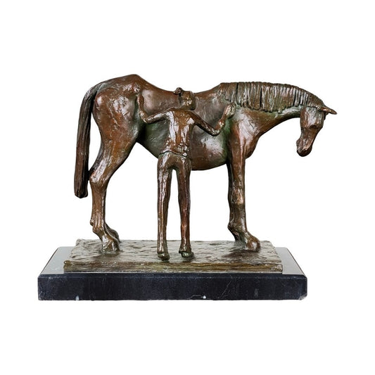 Vintage Bronze Sculpture “A very long friendship” by Frank Califano (1 of 51), featuring a person standing beside and gently touching a horse's neck, both on a rectangular base against a white background. Brand unknown.