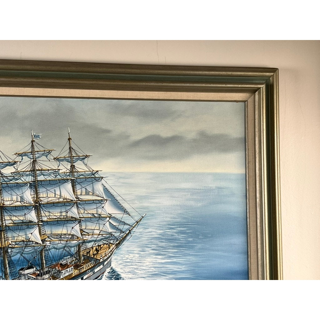 “Barque Archibald Russell 1905” is an oil on canvas by John Richard Perry ME (1984), signed lower right, featuring a sailing ship on calm blue water with a cloudy sky and a metallic frame visible on the right and top edges.