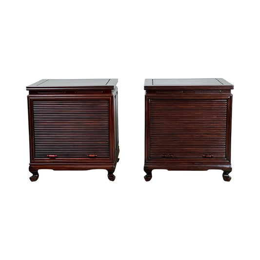 Vintage Pair Solid Rosewood Chinese Tambour Four Drawer End Tables