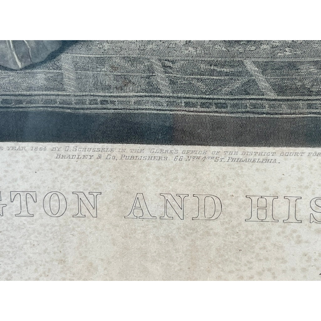 Close-up of a printed document showing faint text: Entered according to act of Congress...1858...Bradley & Co. Publishers, 66 N. 4th St. Philadelphia, with partial large heading letters below—an excellent example of antique engraving from the period, likely the “Washington and His Family” engraving published by Bradley & Co., Philadelphia in 1858 and presented in a period gilt frame.