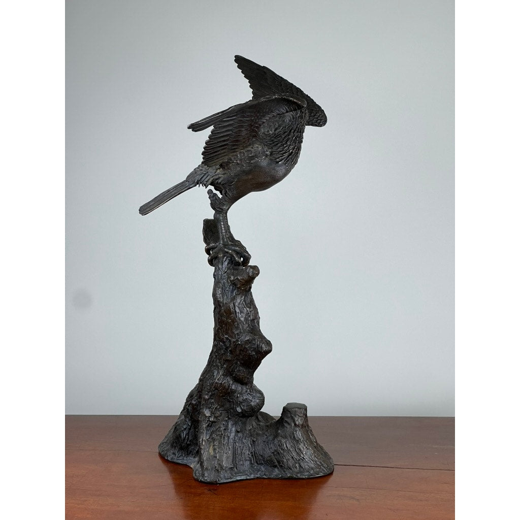 Japanese Meiji bronze hawk sculpture with outstretched wings, one wing slightly loose