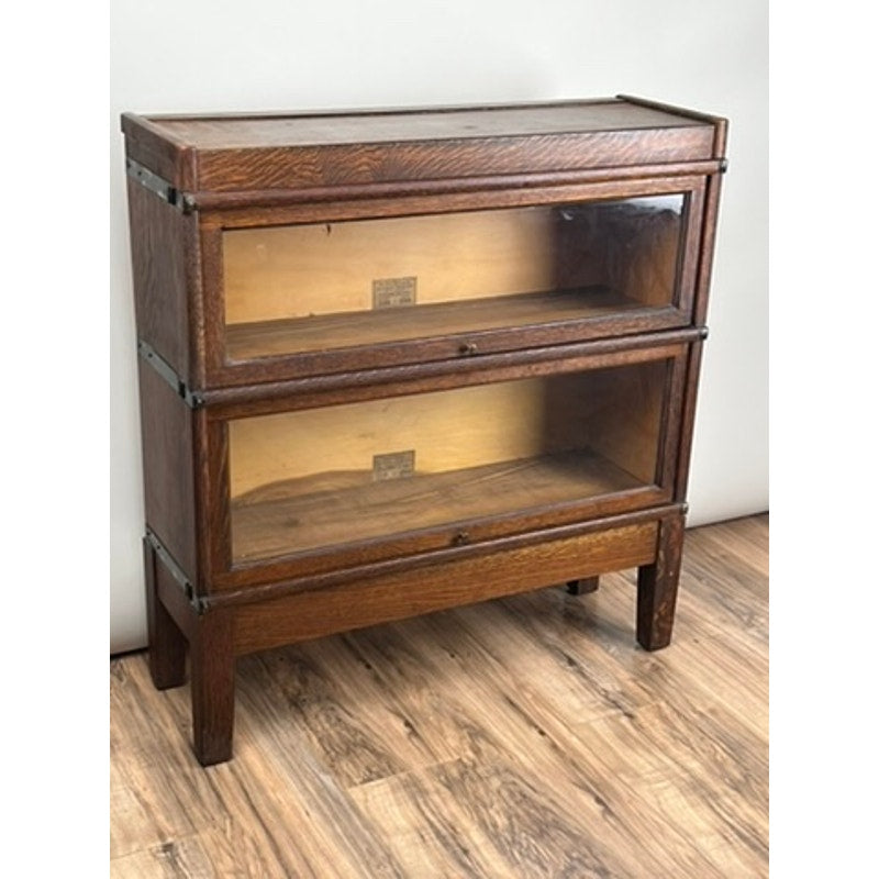 Globe-Wernicke oak barrister bookcase, c.1920, two stack antique storage with patina.