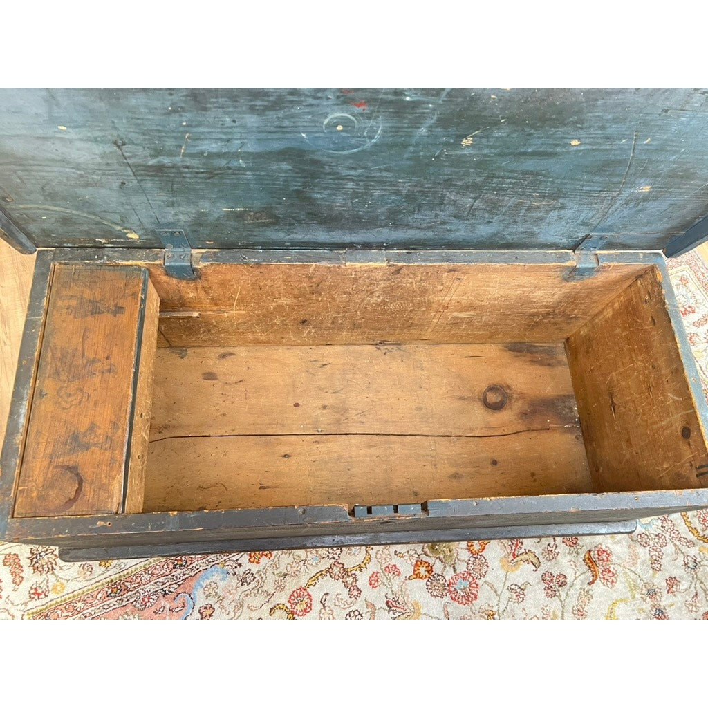 Antique Early 19th Century Becketed Maine Sea Chest in Original Blue Paint