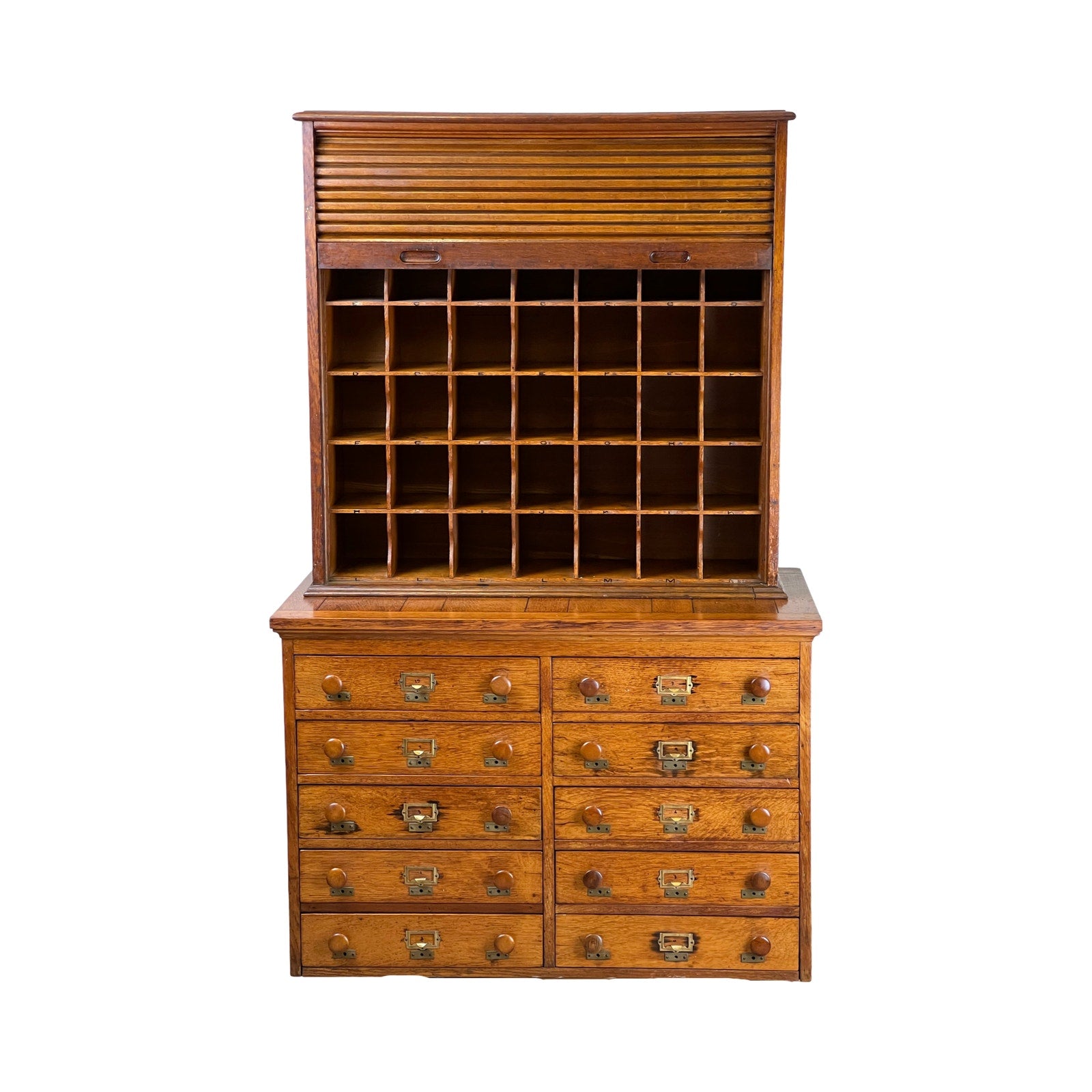 Antique Early 20th Century Oak Multidrawer File with Roll Top Pigeon Hole Top, featuring cubbyholes and two rows of drawers with metal handles—an ideal vintage office organizer for documents. Brand: None/Unknown.