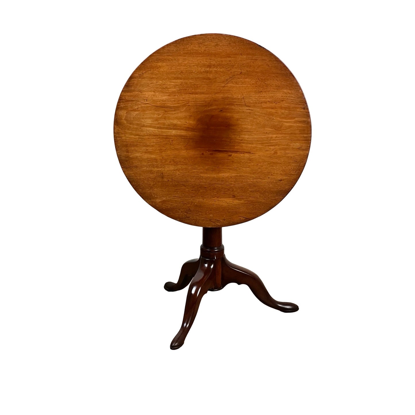 An Antique Queen Anne Mahogany Birdcage Tilt Top Breakfast Table, early 19th century, features a round smooth top and three curved legs in classic English style, displayed against a white background. Brand: Unknown.