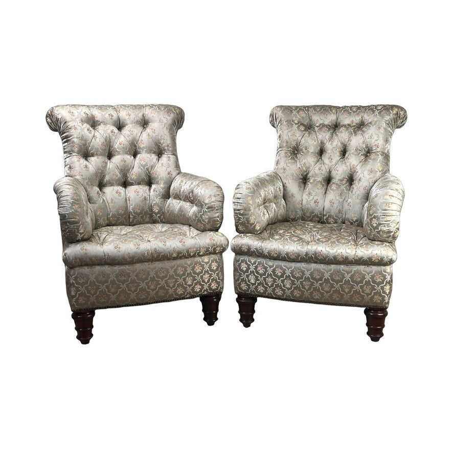 Vintage Pair English Regency Style Tufted Library Chairs in Fine Silk