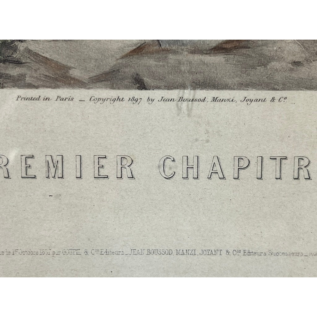 Close-up of an Antique Goupil Photogravure, “Premier Chapitre” after François-Edmond Outin, Paris 1897—partial text visible with note: Printed in Paris – Copyright 1897 by Goupil & Cie.