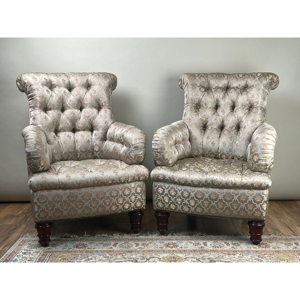 Vintage Pair English Regency Style Tufted Library Chairs in Fine Silk