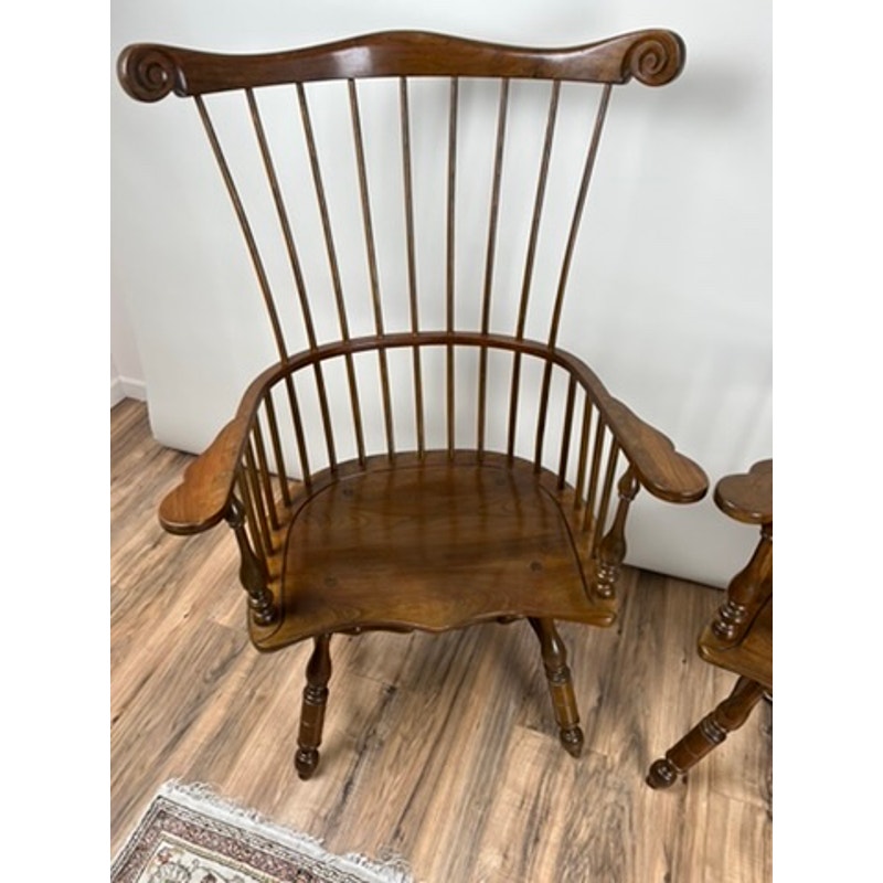 Vintage Stickley Windsor chairs with saddle seats showing light scratches