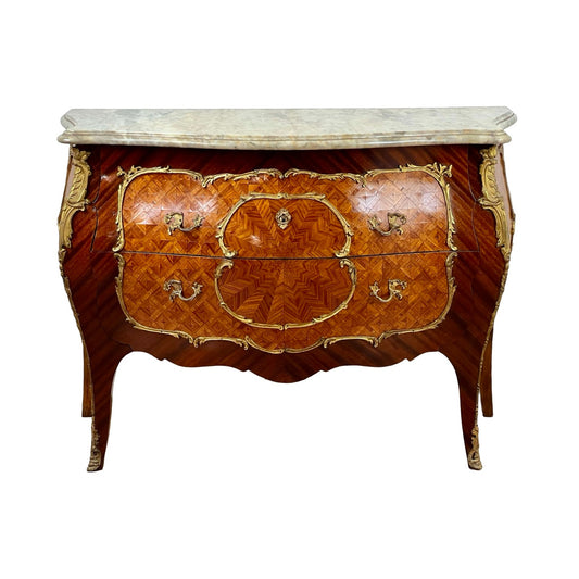 Vintage Louis VX Style Marquetry and Ormolu Mounted Bombe Commode