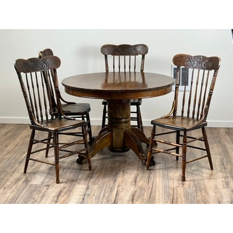 Antique Solid Oak Paw Foot Kitchen Table with Four Chairs c. 1900