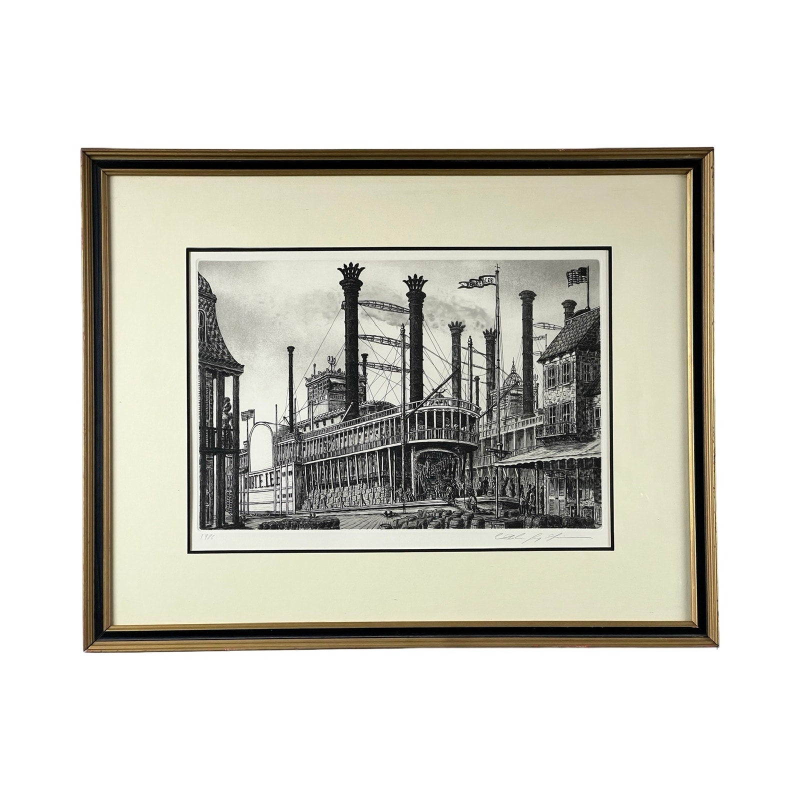 Framed Etching “Steamboat Robert E. Lee” by Alan Jay Gaines depicts the iconic steamboat docked at a port with historic buildings, smoke stacks, and people on shore and aboard. Brand: None/Unknown. Black and white etching.