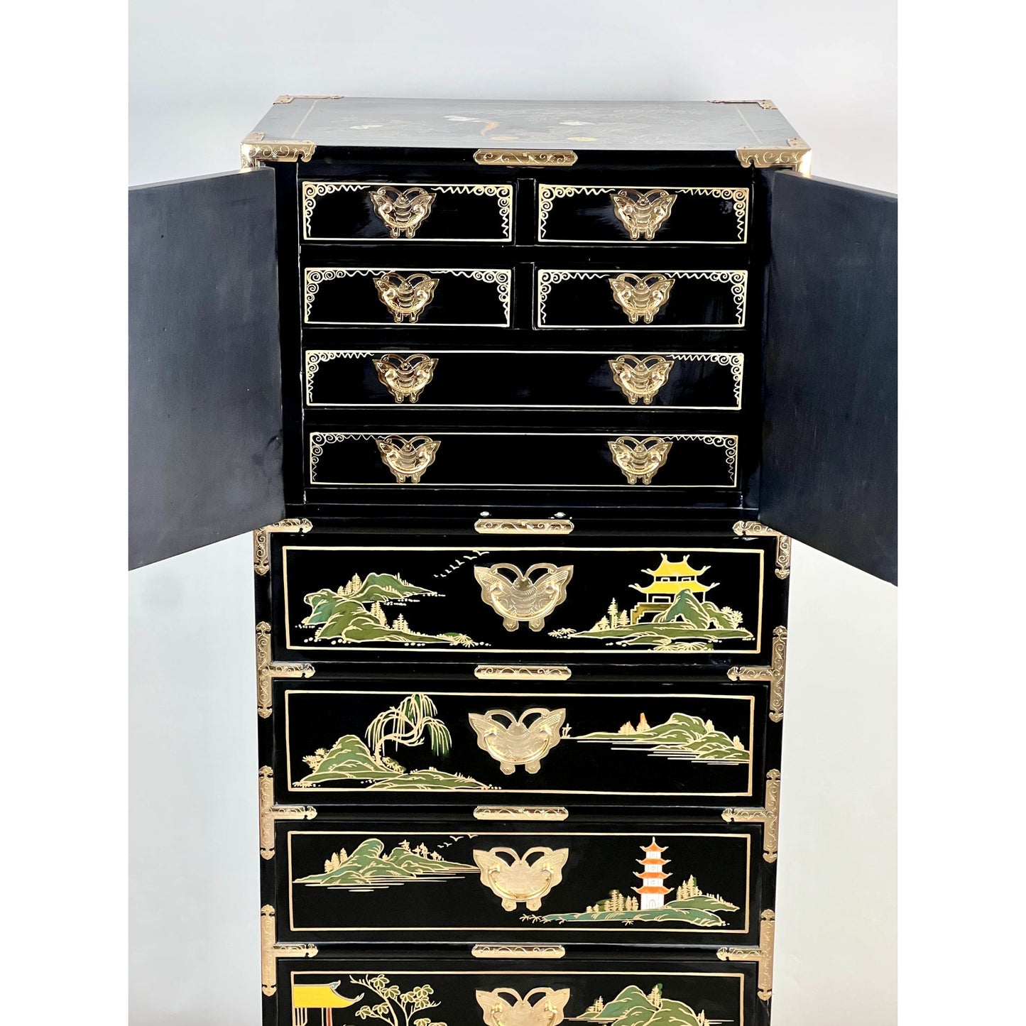 Vintage Black Lacquer Hand Painted Taiwanese Lingerie Chest